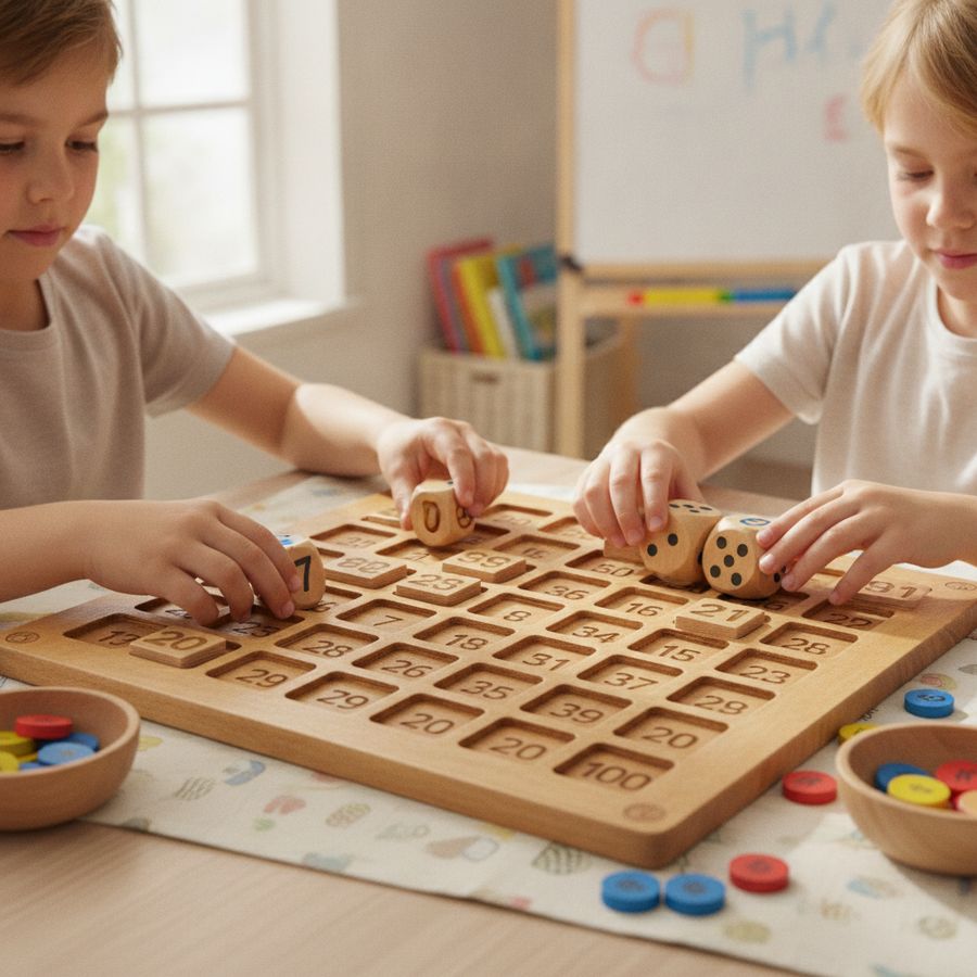 Mani di bambini giocano con un tavolo in legno, dadi e tessere numerate in una stanza chiara.