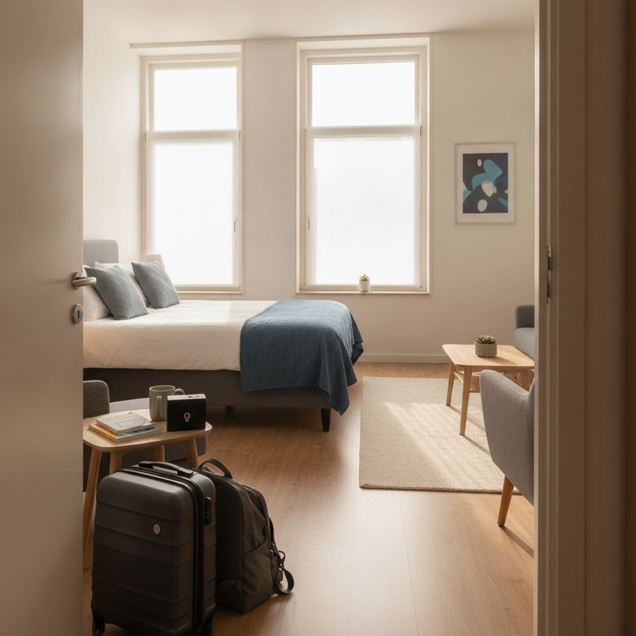 Bright furnished apartment with luggage by the door and a tidy living area prepared for incoming guests.