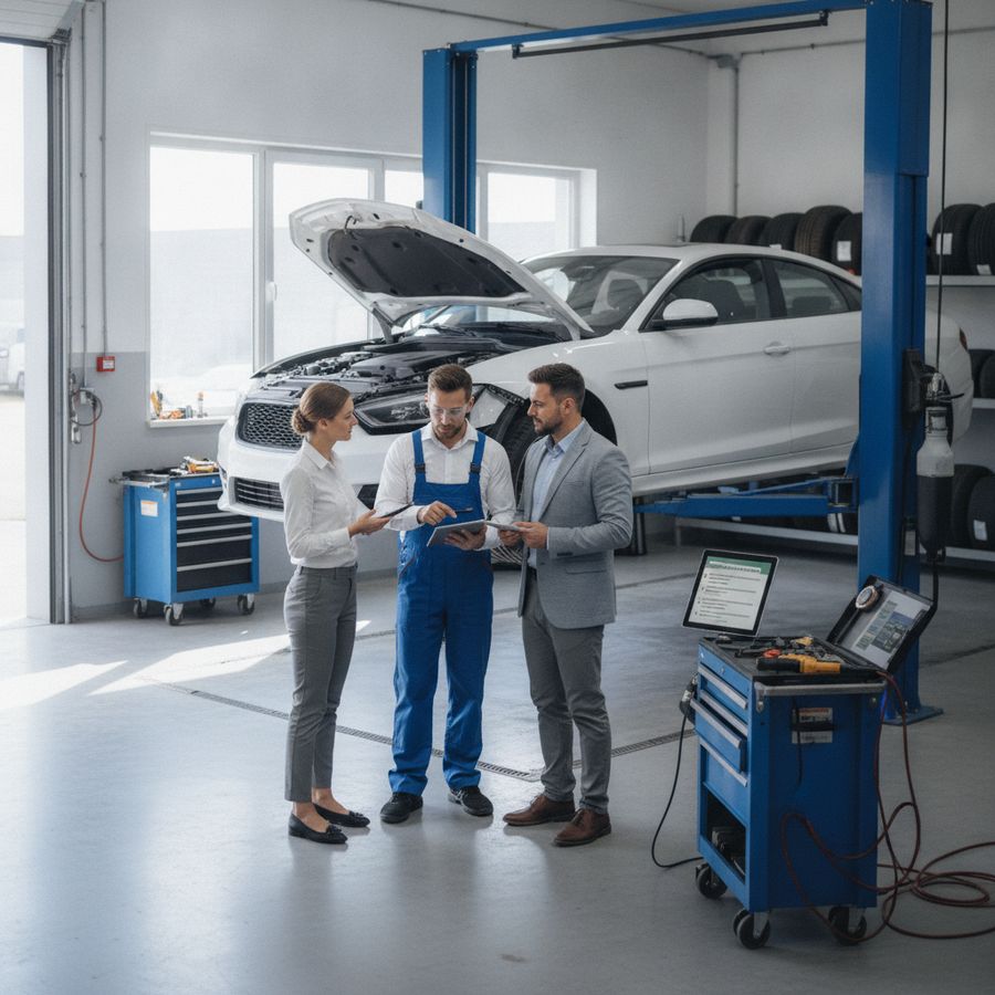 Car owner and technician inspect a damaged vehicle in a bright, clean repair workshop.
