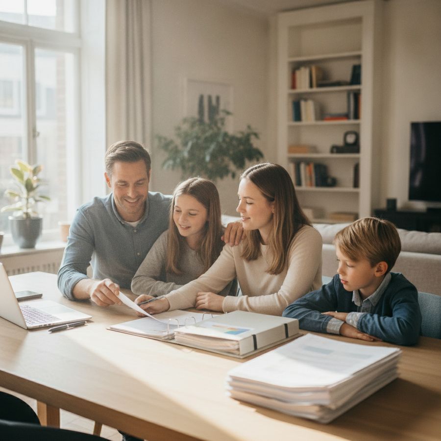 Gezin zit samen aan tafel met laptop en papieren in een lichte woonkamer.