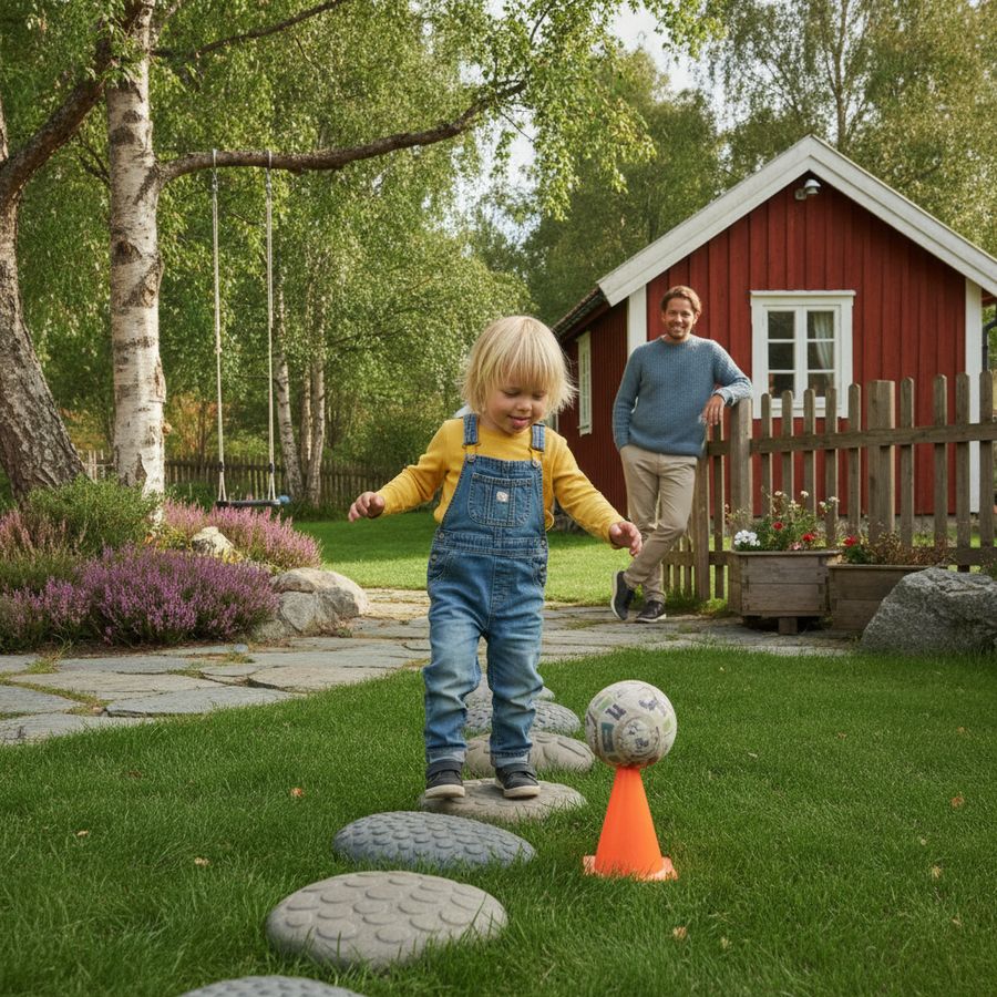 Et barn leker med ball, kjegler og balansesteiner på gresset i en lys hage.