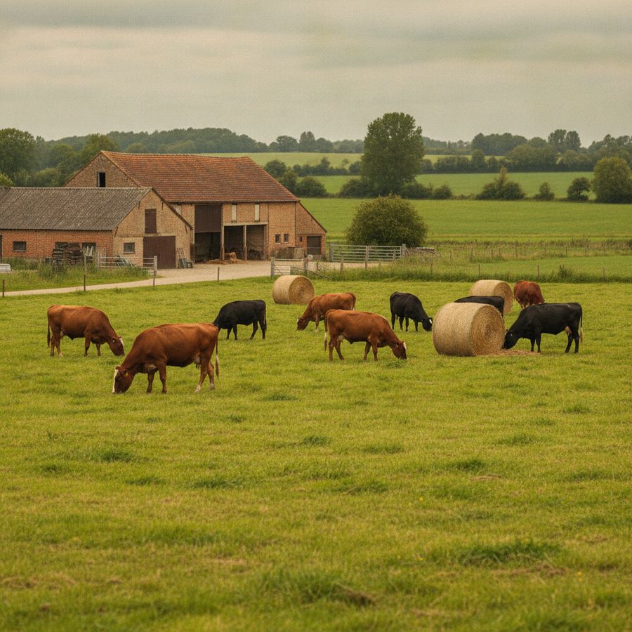 Runderen eten gras en hooi in een rustige weide naast een verzorgde schuur bij zacht daglicht.