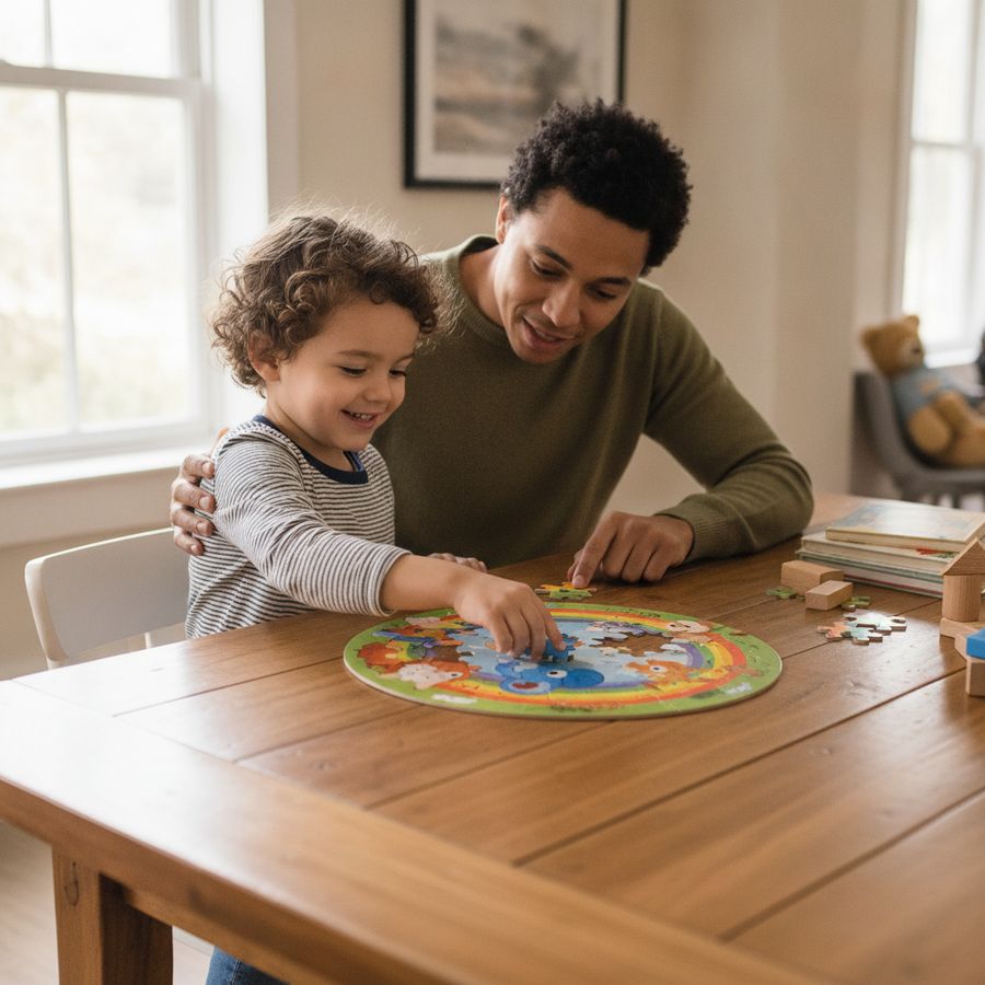 Bambino al tavolo con un adulto mentre completa un puzzle colorato in una stanza luminosa.