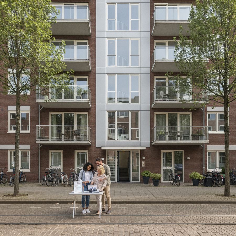 Couple and property manager review documents outside a bright Dutch apartment building with shared entrances and balconies.