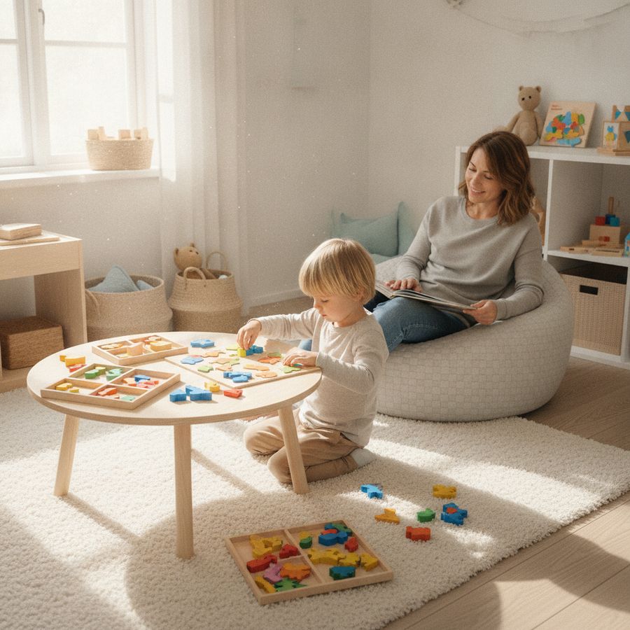 Lapsi kokoaa värikästä palapeliä valoisassa leikkihuoneessa aikuisen istuessa vieressä rauhallisesti.