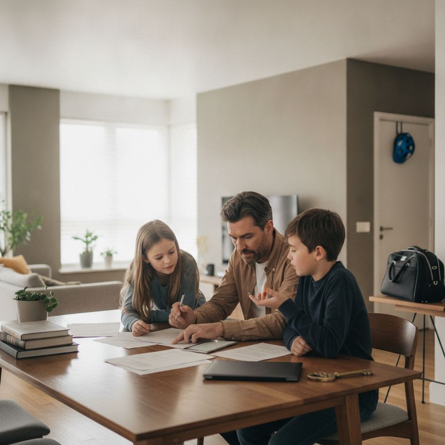 Family reviews documents at a bright dining table with household items and travel gear nearby.