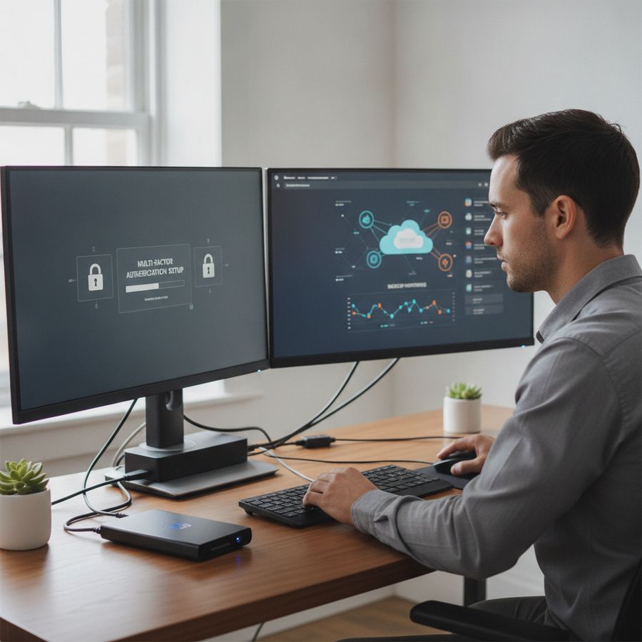IT-professional werkt aan twee schermen met beveiligde login en een back-upschijf op een helder bureau.