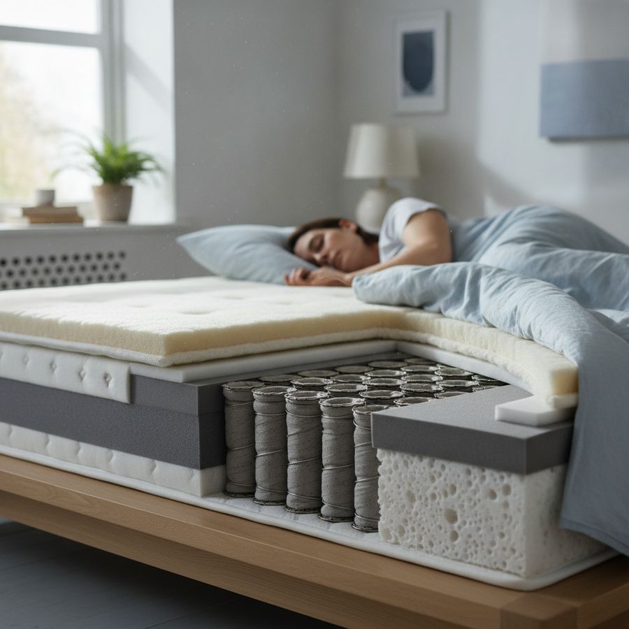 Cross-section mattress in a bright bedroom with a sleeper resting under light bedding.