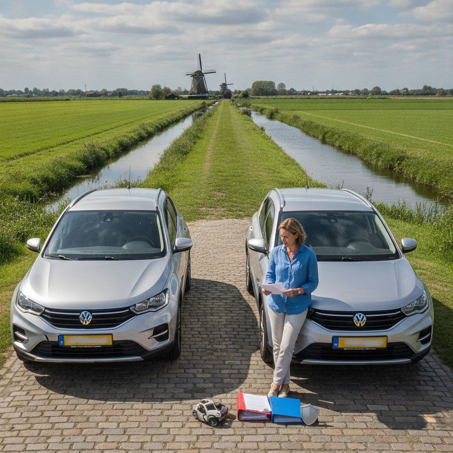 Twee auto's buiten, waarvan één lichte schade heeft, terwijl iemand documenten vergelijkt.