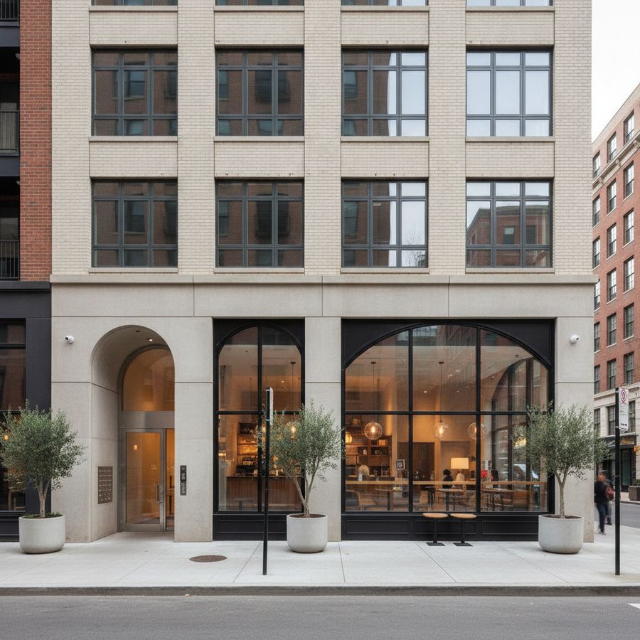 City building with a street-level shop and apartments above in bright daytime light.