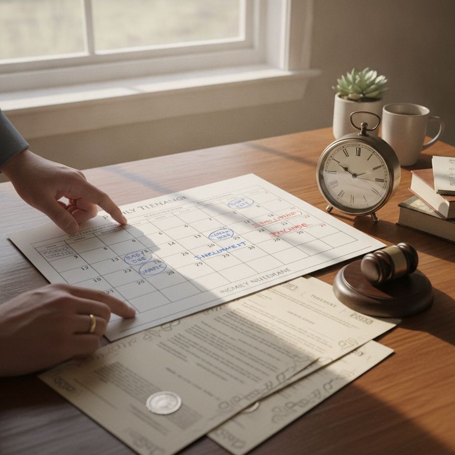 Bureau met kalender, klok en polisstukken in een lichte werkkamer terwijl handen datums aanwijzen.