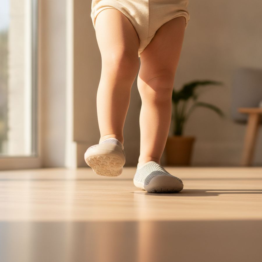 Primo piano di un bimbo che cammina con scarpe a punta ampia su pavimento chiaro in casa.