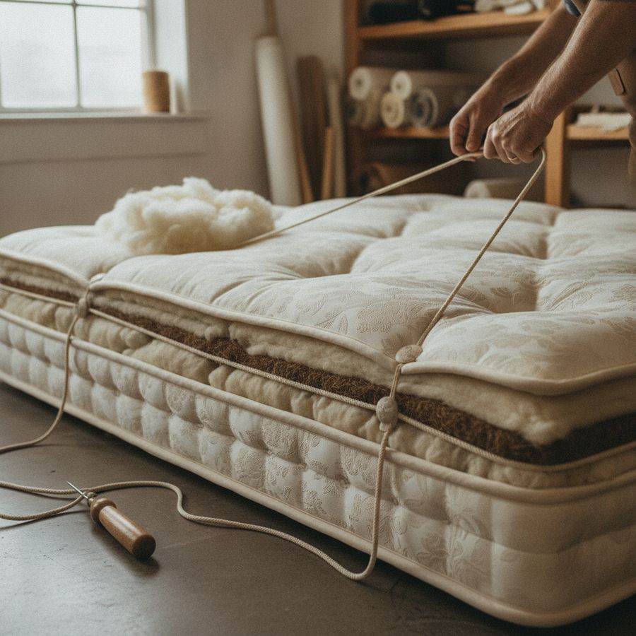 Craftsperson hand-tufting a mattress in a bright workshop with visible fabric and fillings.