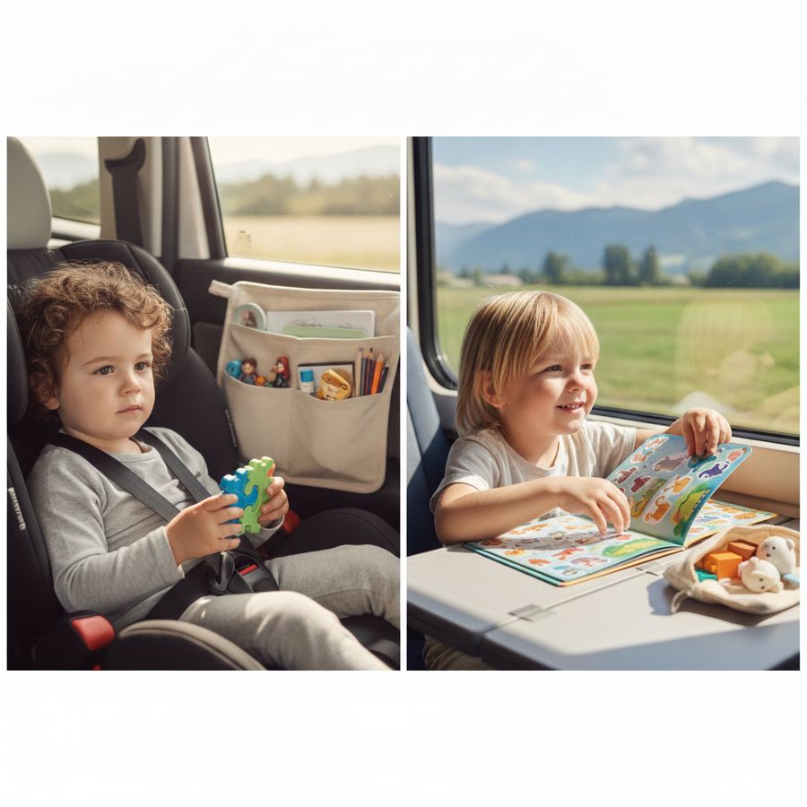 Child with a quiet toy in a car and another child with an activity book on a bright train ride.