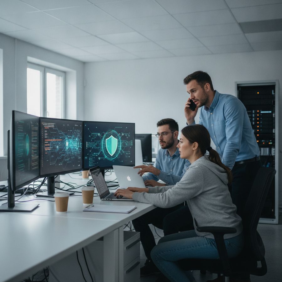 IT-specialist helpt een klein team in een helder kantoor terwijl herstel en overleg tegelijk plaatsvinden.