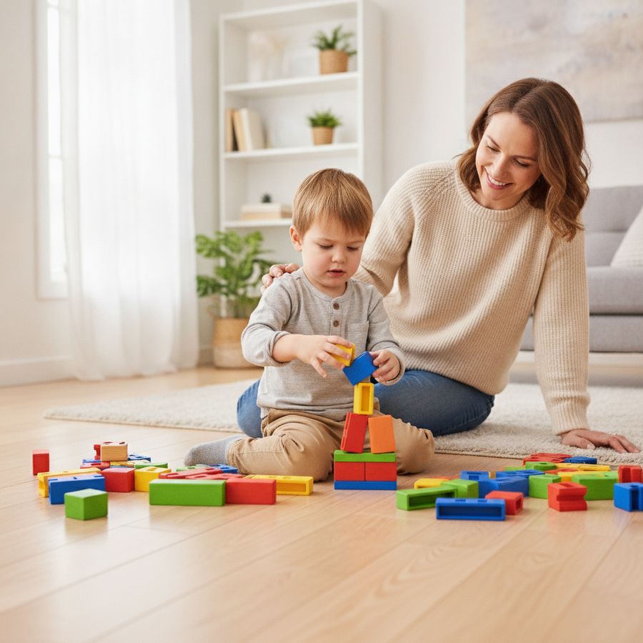 Bambino sul pavimento costruisce una torre colorata mentre un genitore osserva in una stanza luminosa.