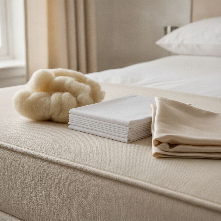 Close-up of wool, cotton, and cashmere textures arranged neatly on a bed in soft natural light.
