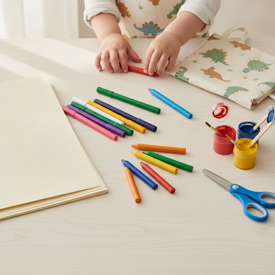 Materiali da disegno per bambini disposti su un tavolo chiaro, con colori grandi, fogli spessi e mani infantili.