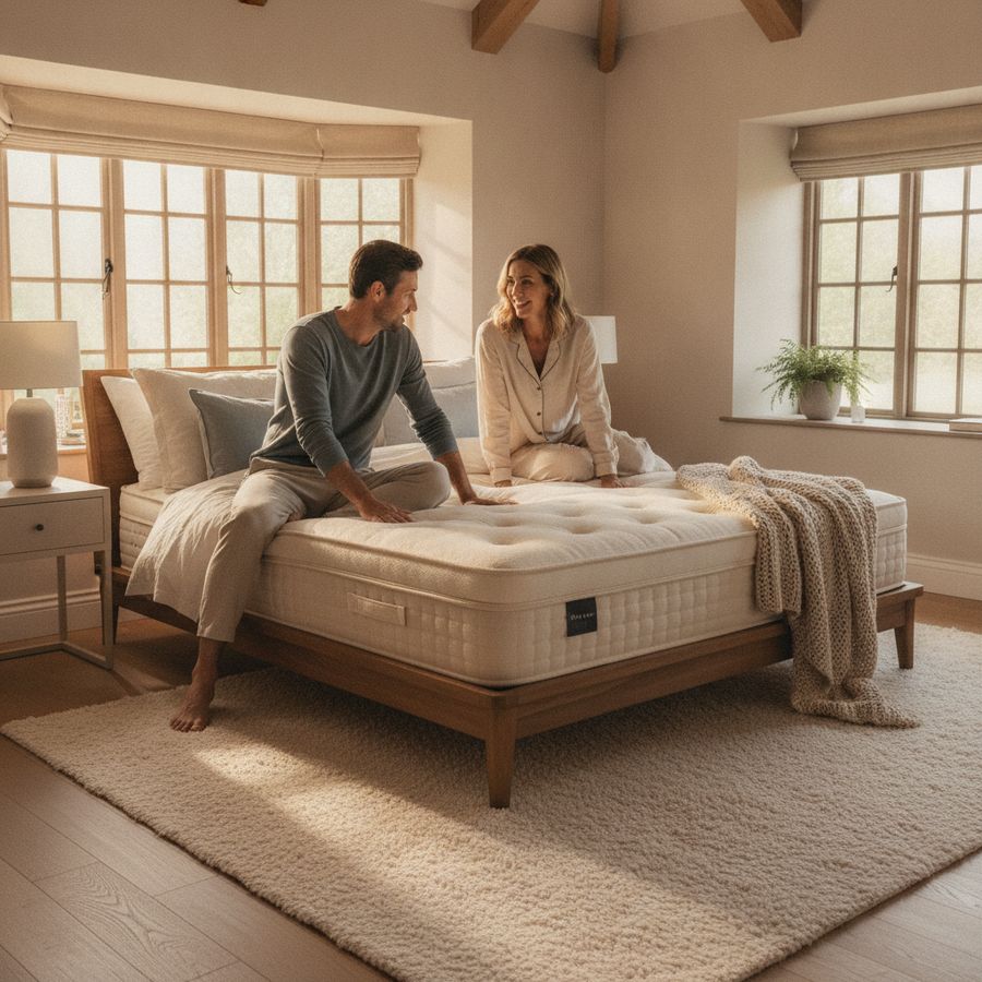 Couple sits on a neatly made bed in a bright bedroom, comparing comfort in soft morning light.