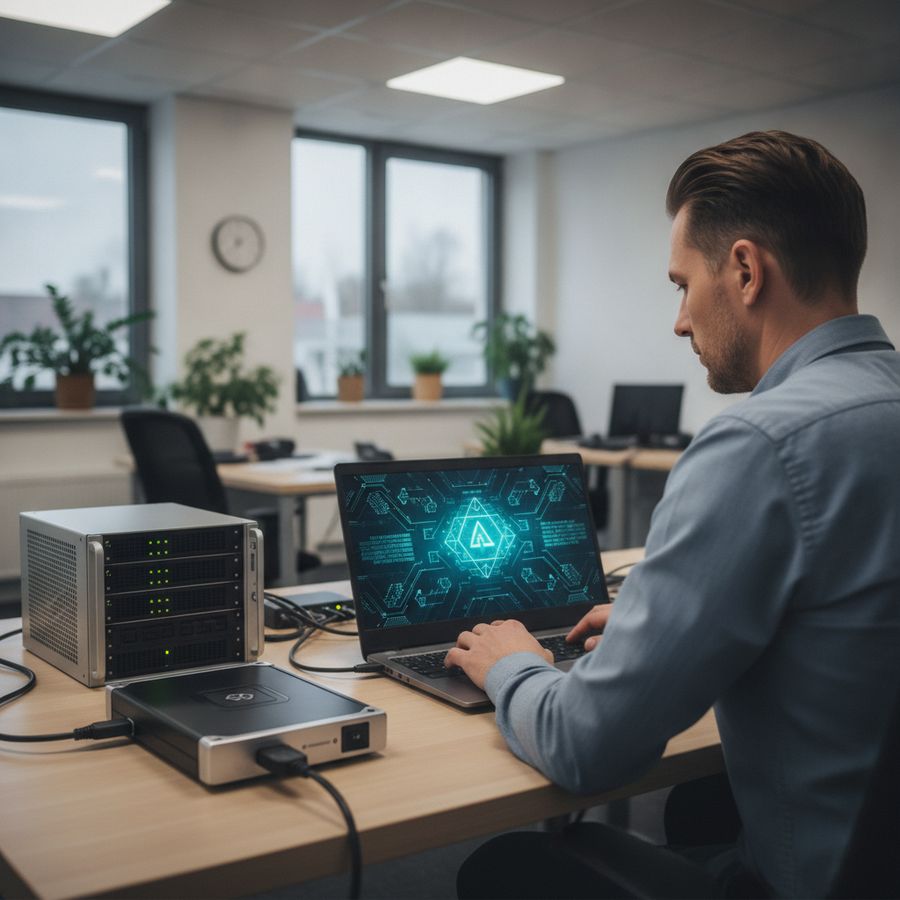 IT-specialist werkt aan beveiligde login met laptop, back-upschijf en serverapparatuur in een lichte kantoorruimte.