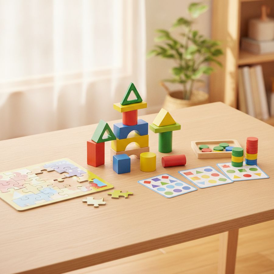 Tavolo luminoso con puzzle incompleto, costruzioni colorate e materiali per un gioco di logica.