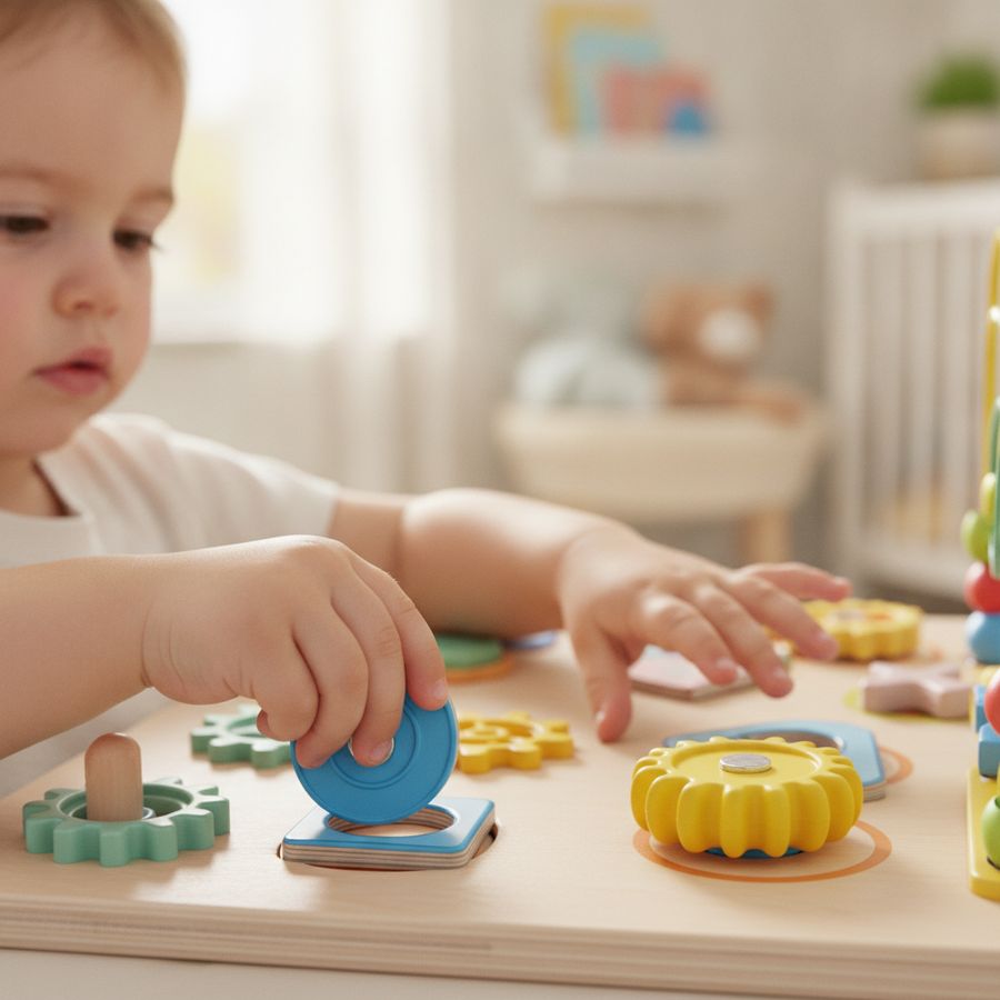 Mani di un bambino che spostano un pezzo magnetico e ruotano una ruota puzzle su base in legno.