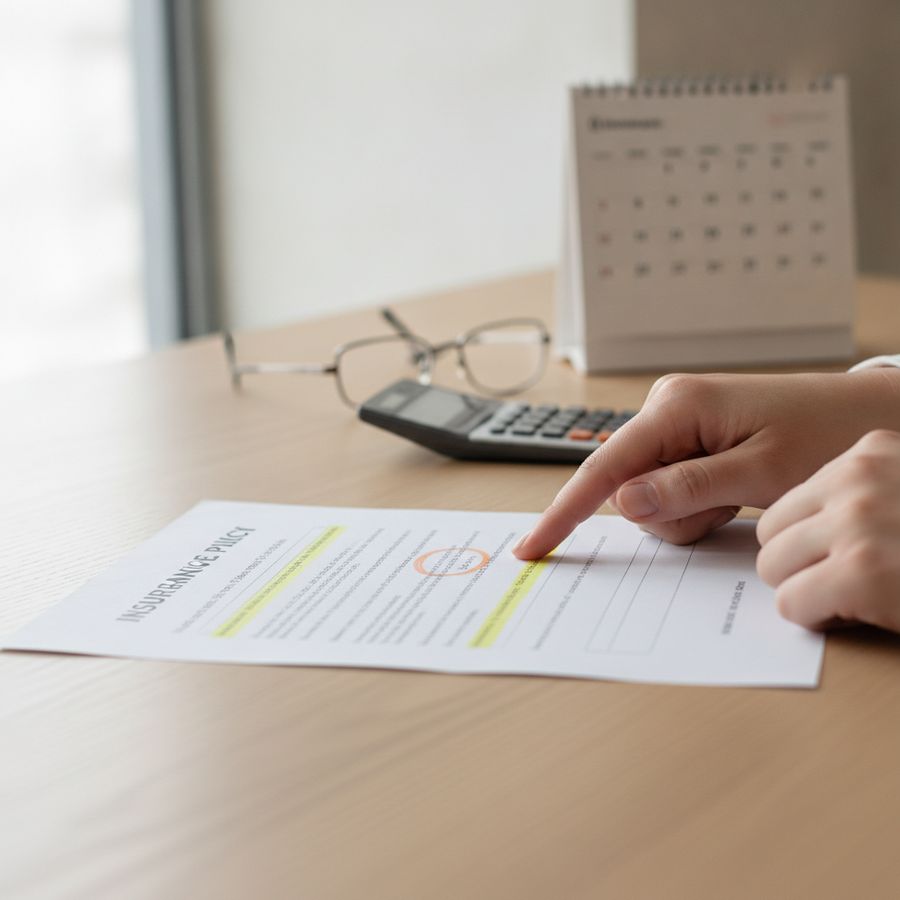 Een bureau met polisdocumenten, kalender, rekenmachine en een hand die belangrijke onderdelen aanwijst.