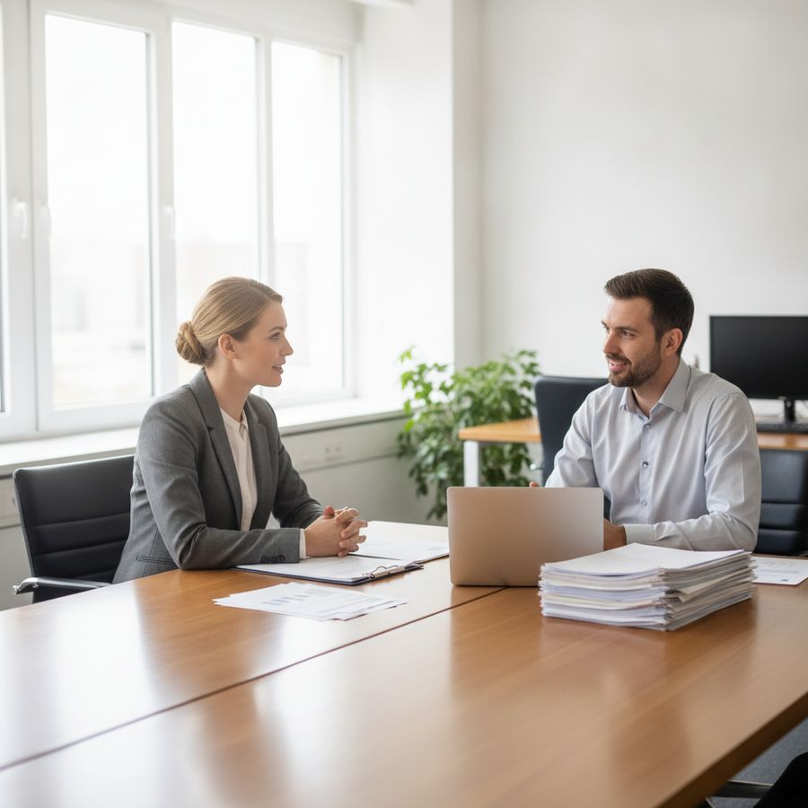 Werkgever bespreekt met een arboprofessional welzijn en terugkeer naar werk in een heldere vergaderruimte.