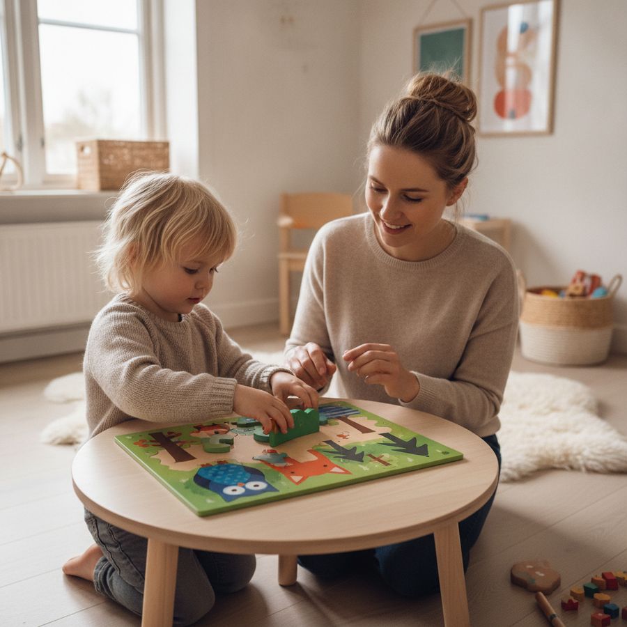 Lapsi kokoaa värikästä palapeliä pöydän ääressä vanhemman istuessa rauhallisesti vieressä.