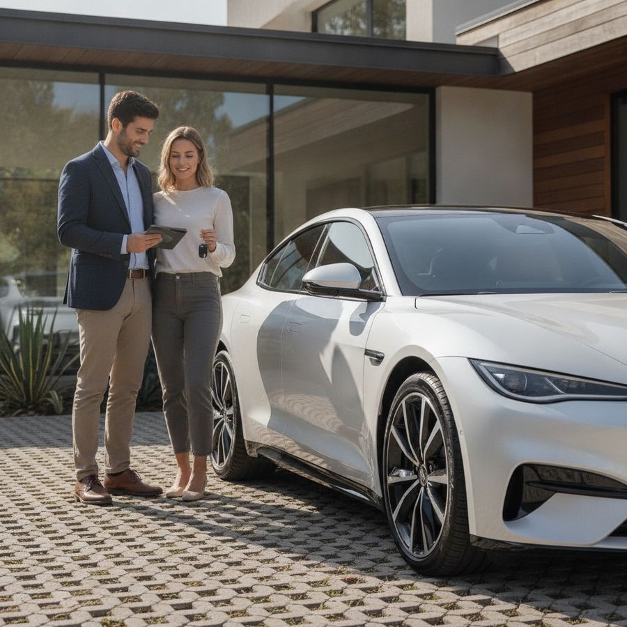 Stel staat bij een moderne auto met autosleutels en tablet op een heldere dag bij een woning.