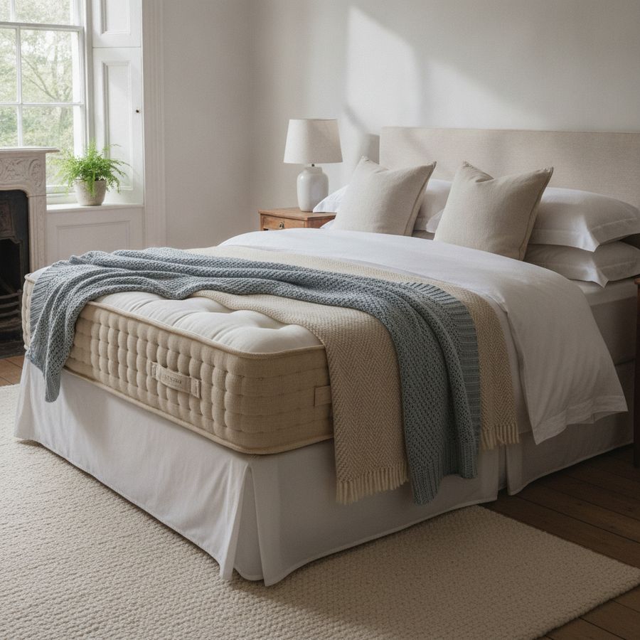 Bright bedroom with a luxurious bed, layered bedding, and soft natural light creating a calm mood.