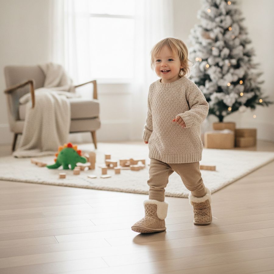Bambino con pantofole calde cammina sicuro sul parquet in un soggiorno luminoso.