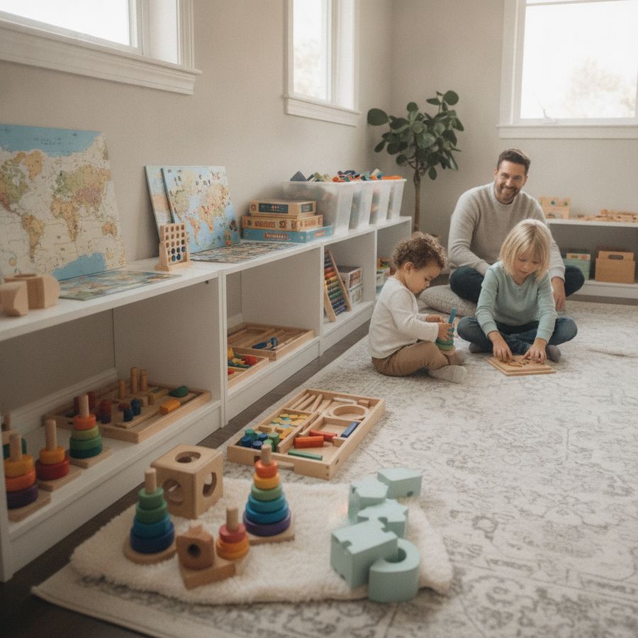 Due bambini e un genitore in una stanza luminosa con giochi educativi ordinati per età diverse.