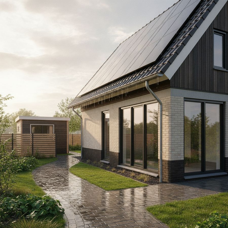 Moderne woning met zonnepanelen, schuur en tuinpad in helder licht na een regenbui.