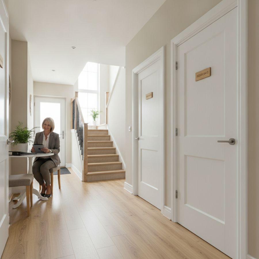 Landlord in a bright shared house hallway reviewing papers near several bedroom doors.