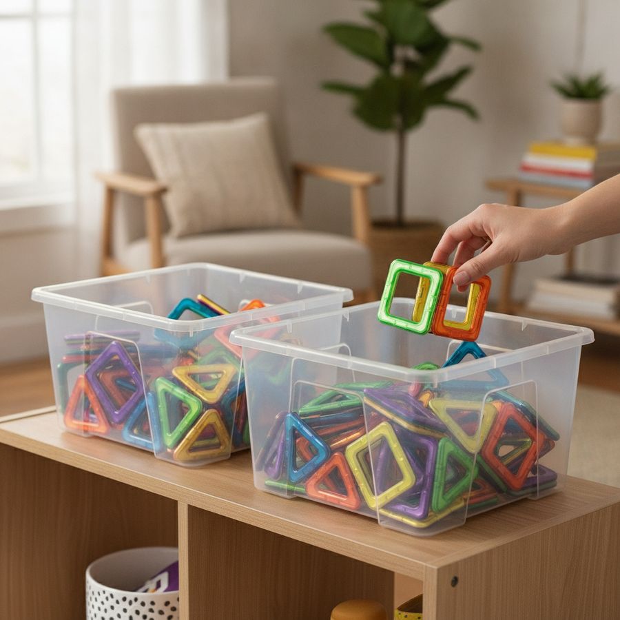 Set magnetici ordinati in contenitori robusti mentre una mano adulta controlla i pezzi in salotto.