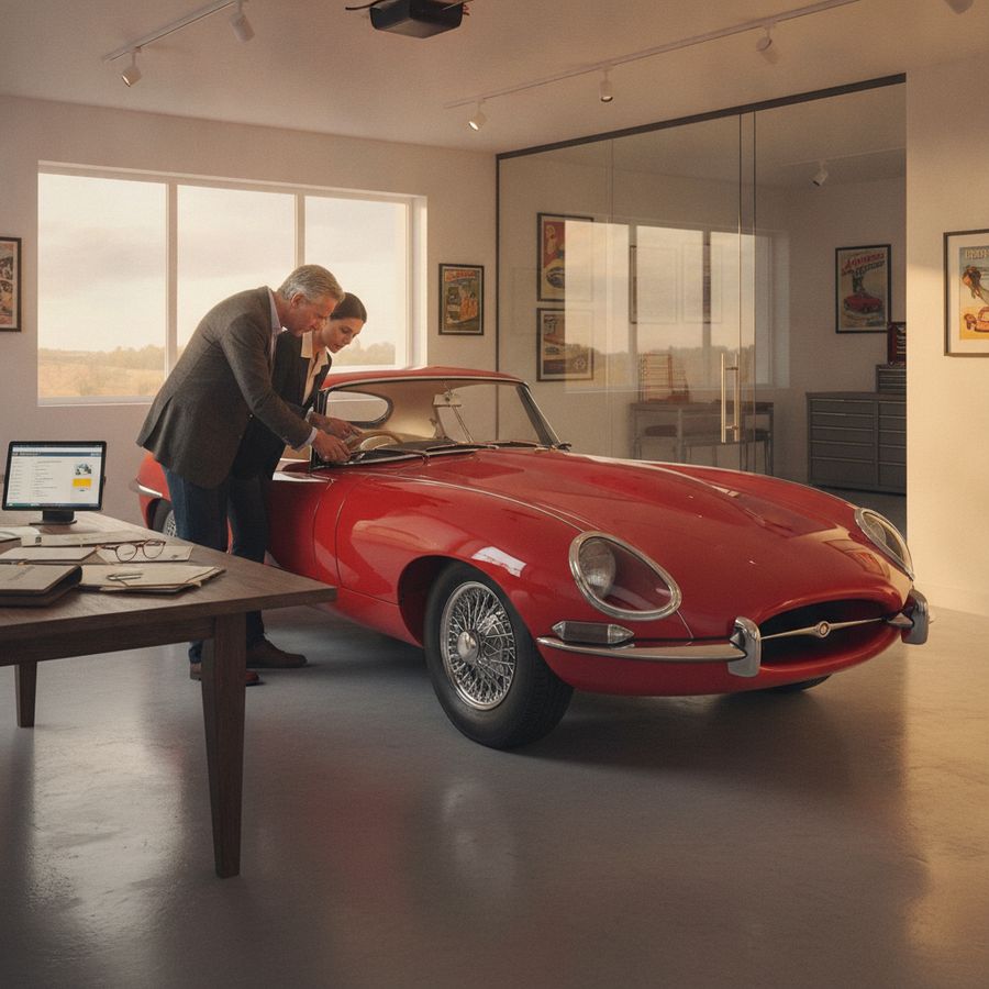 A polished vintage car is inspected in a bright garage by two adults reviewing documents.