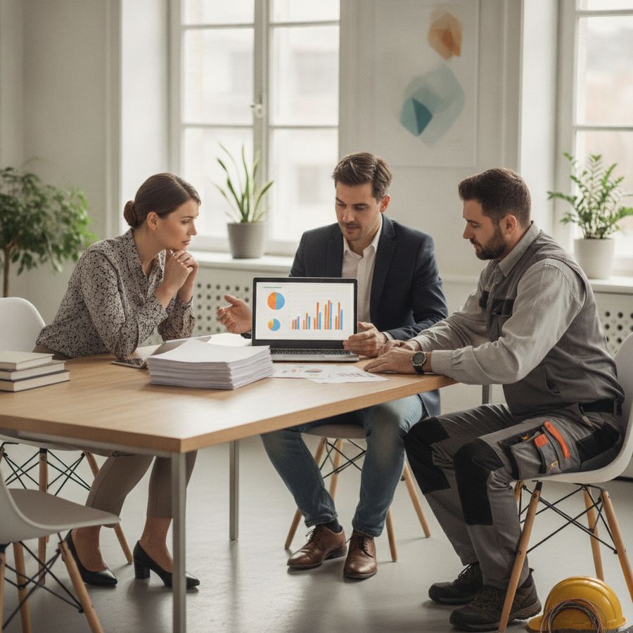 Insurance adviser meets a consultant and a tradesperson in a bright office with documents and a laptop.