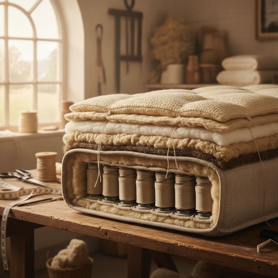 Cutaway luxury mattress with natural fillings and springs in a bright artisan workshop.