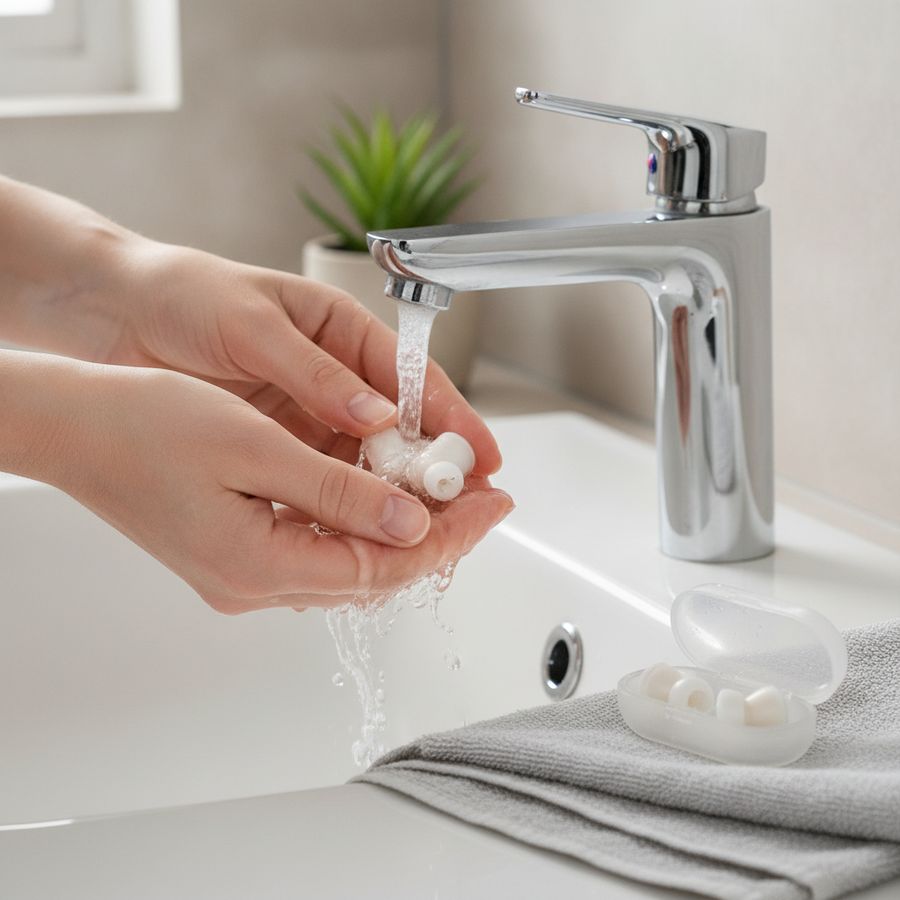 Clean hands rinsing reusable earplugs by a bright bathroom sink with a small storage case nearby.