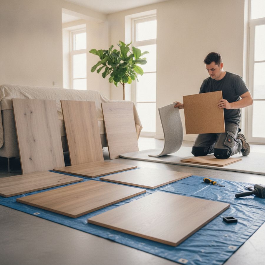 Monteur vergelijkt ondervloeren naast laminaat- en PVC-stalen in een lichte woonkamer.