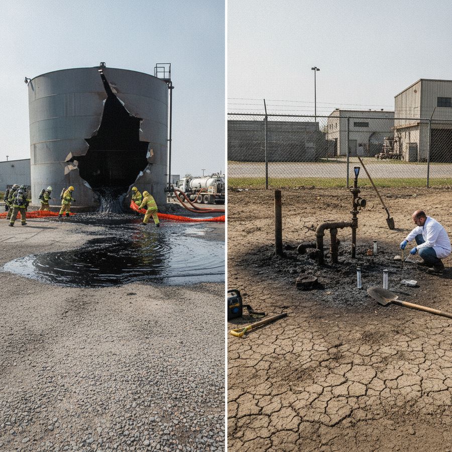 Industrial yard with fresh spill response on one side and subtle stained ground from an older leak on the other.