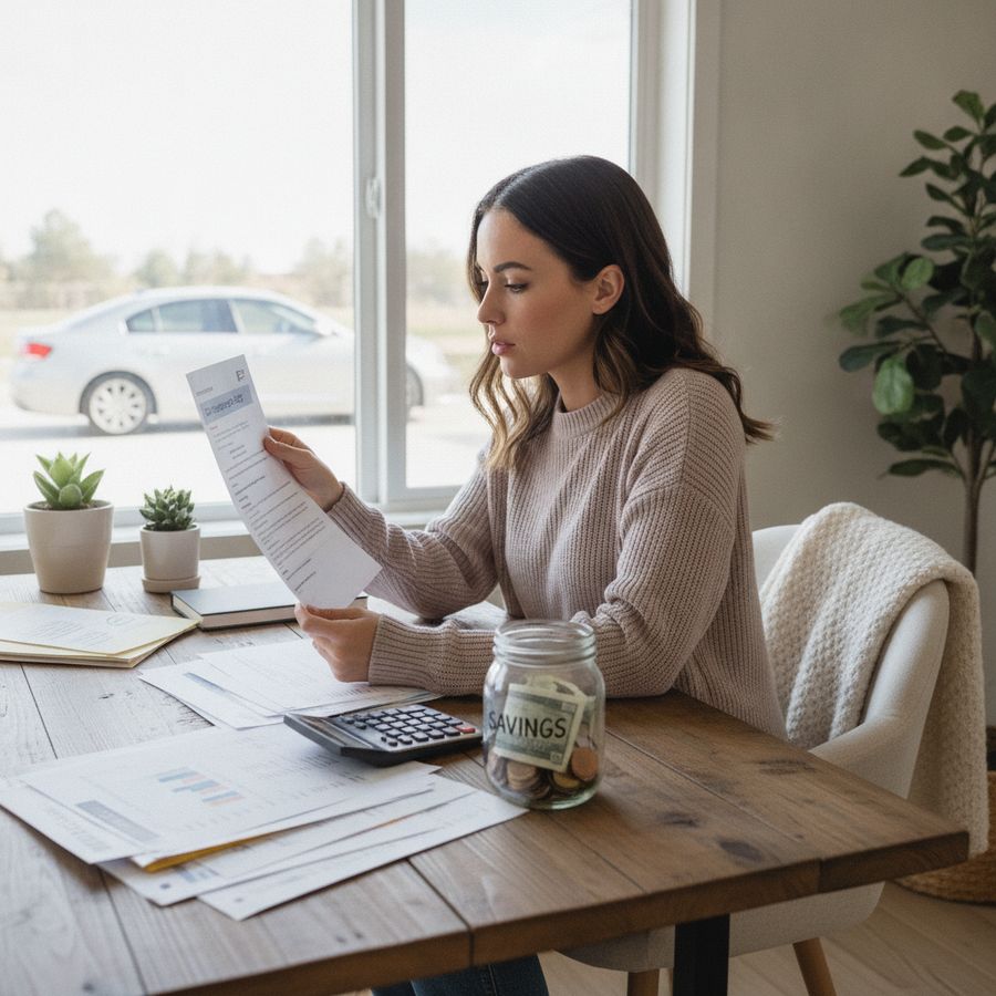 Person compares expenses with insurance papers, calculator, and a savings jar in a bright room.