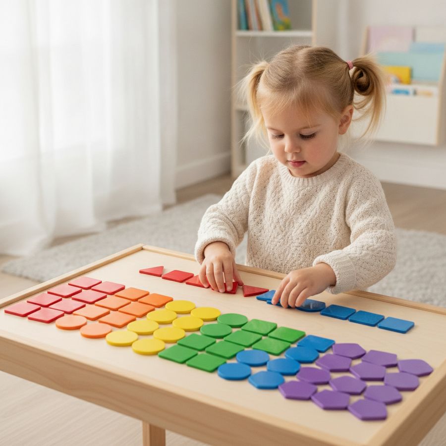 Una bambina ordina pezzi magnetici per colore e forma su un tavolino chiaro in casa.