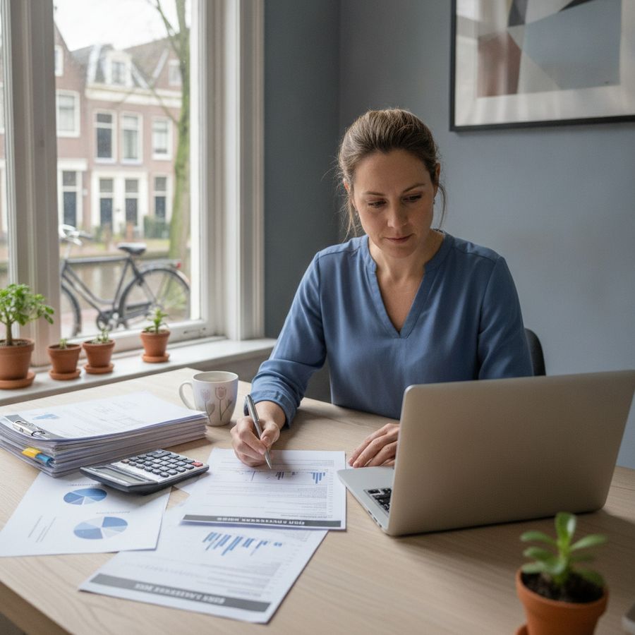 Freelancer at a bright home office desk reviewing papers, laptop open, with a calm professional mood.
