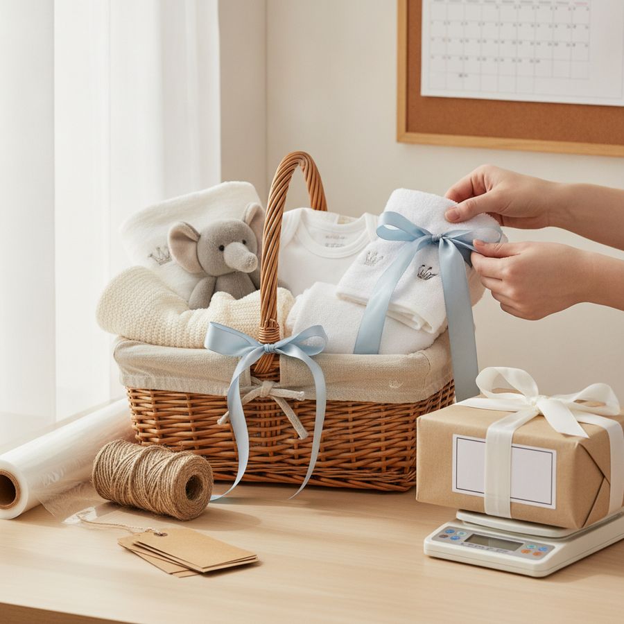 Tavolo ordinato con regalo per neonato in preparazione, materiali da confezione e cestino in tessuto.