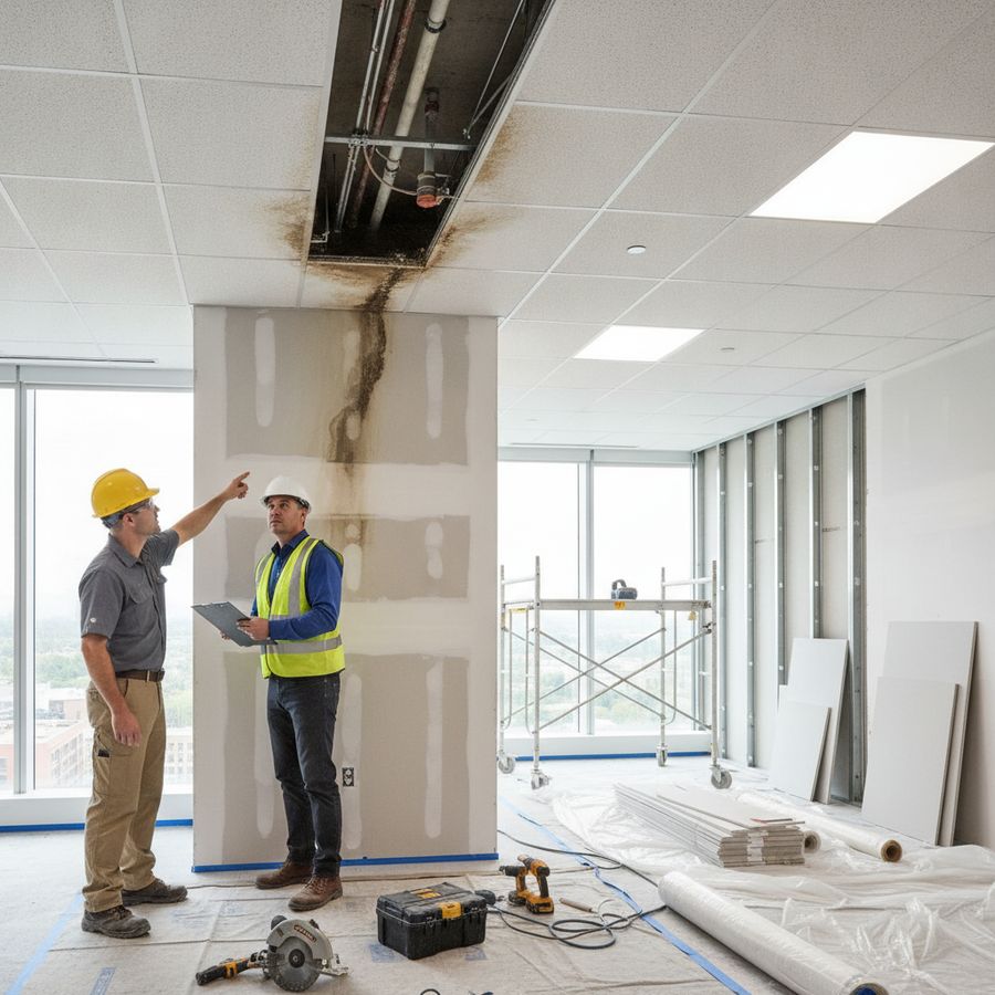 Bestaand kantoorpand in verbouwing met monteurs die schade aan plafond en wand bekijken.