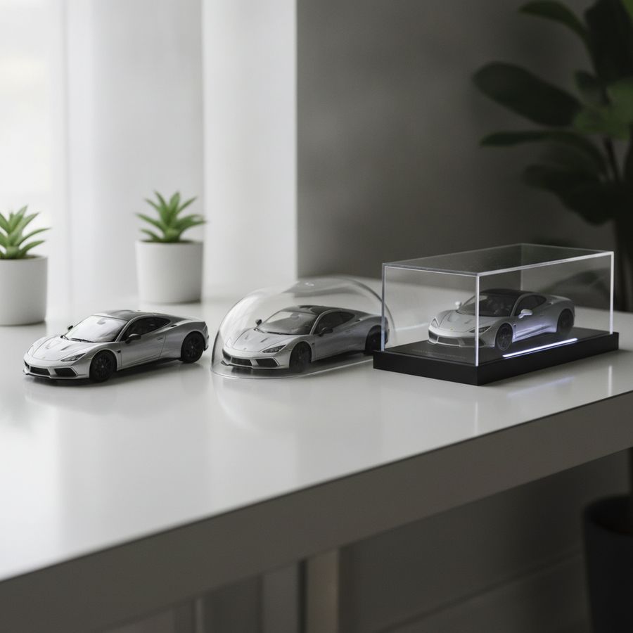 Drie modelauto's op een bureau met verschillende vormen van bescherming in helder licht.