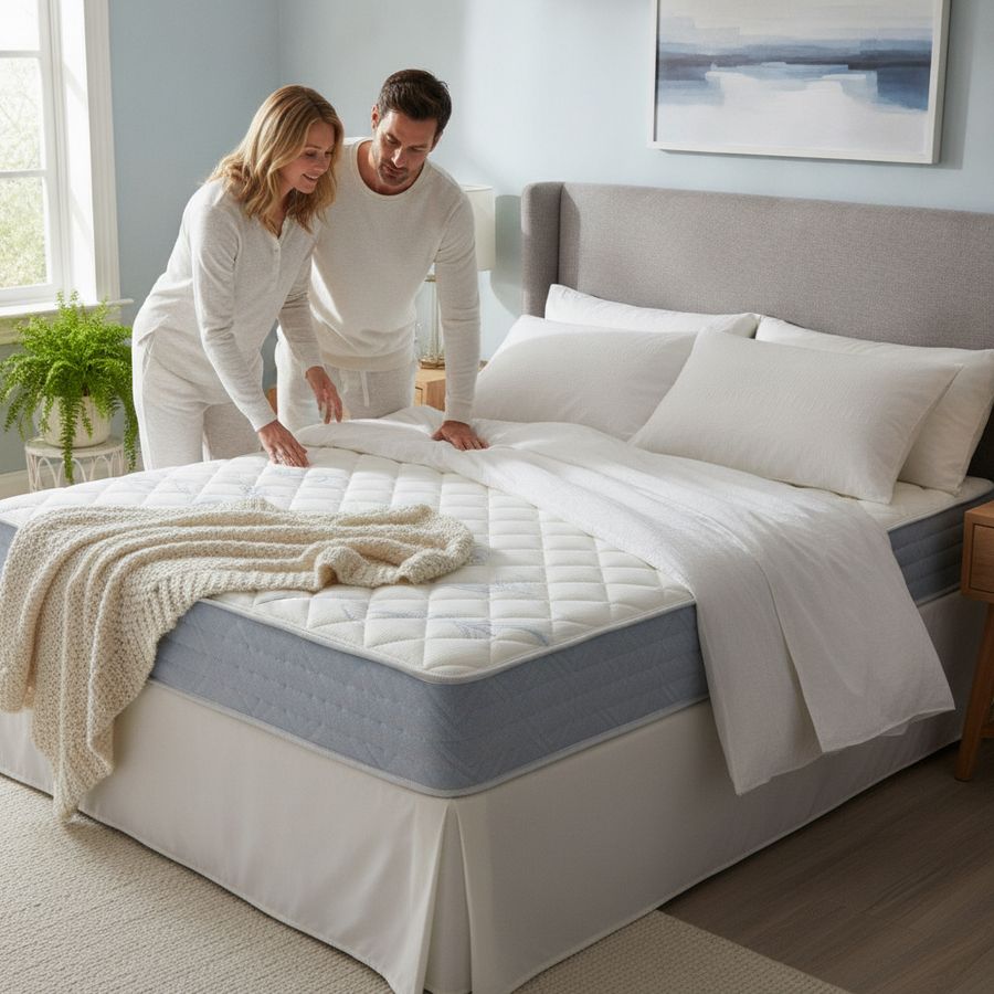 Couple in a bright bedroom testing a breathable bed with crisp bedding and a calm morning atmosphere.