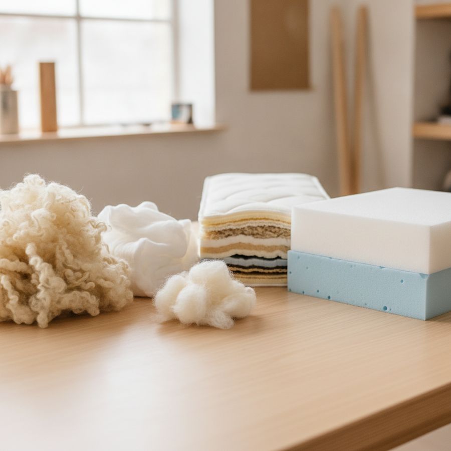 Close-up of wool, cotton, cashmere fibres, and foam layers arranged neatly on a bright worktable.